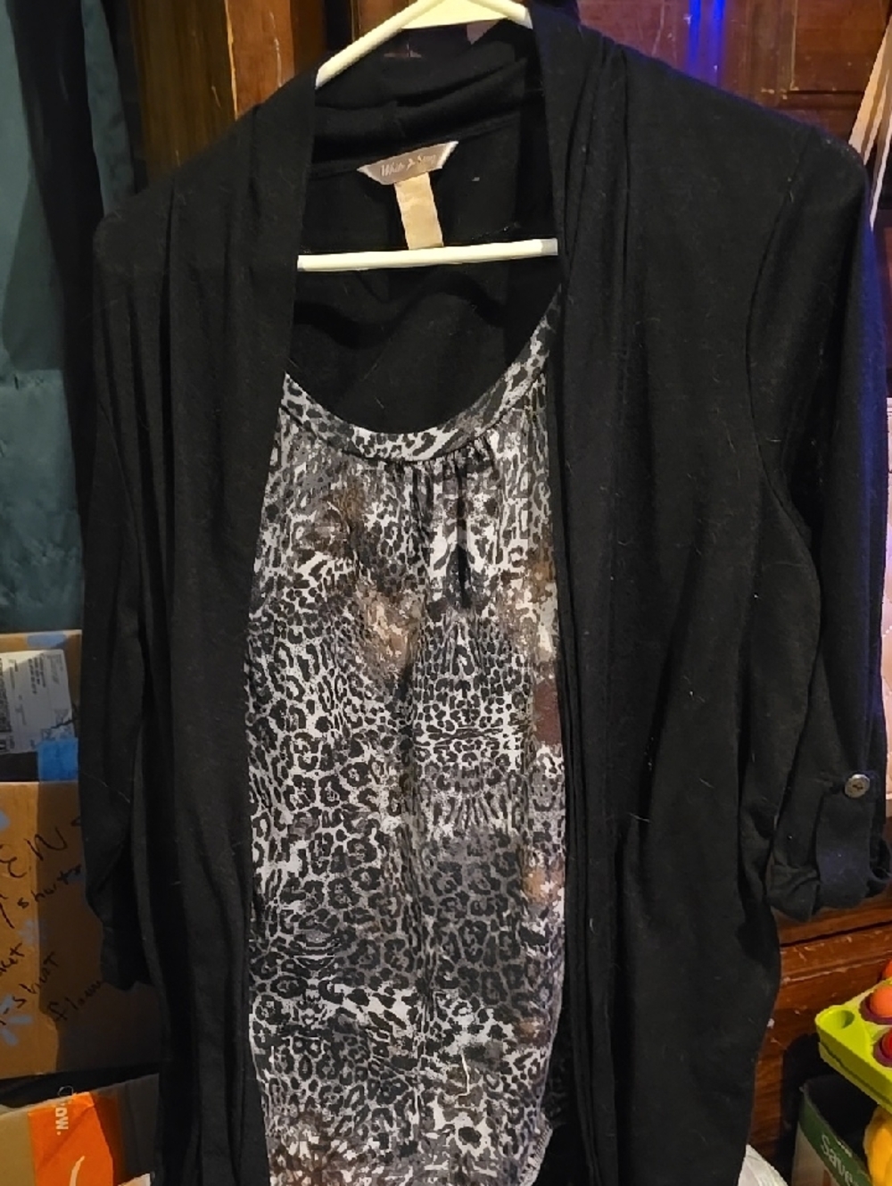 !!.            .   Womens 2X  Black Cardigan with Attached Leopard Print Shell